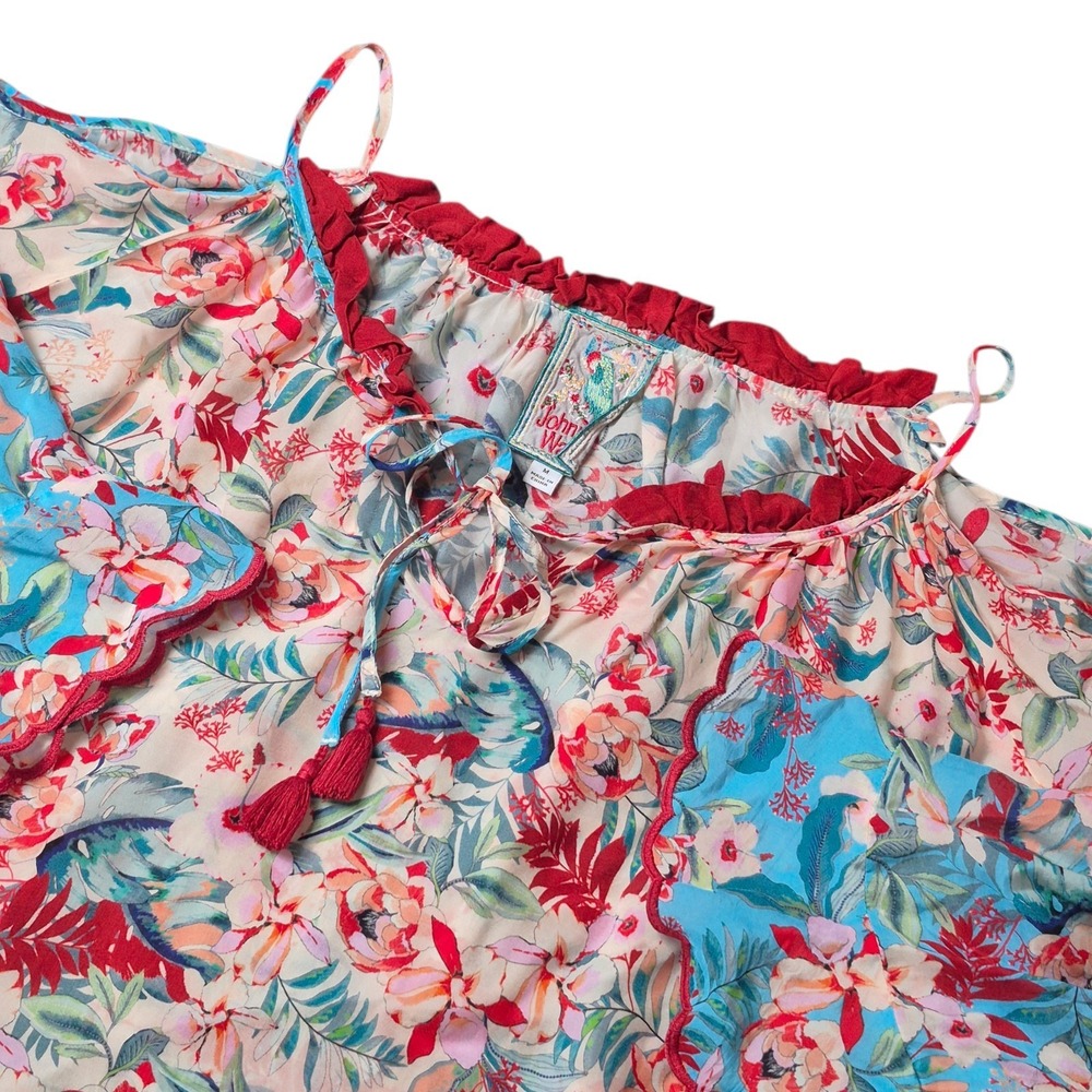 Johnny‎ Was Women's M Floral Boho Blouse Tassel Tie Peasant Top